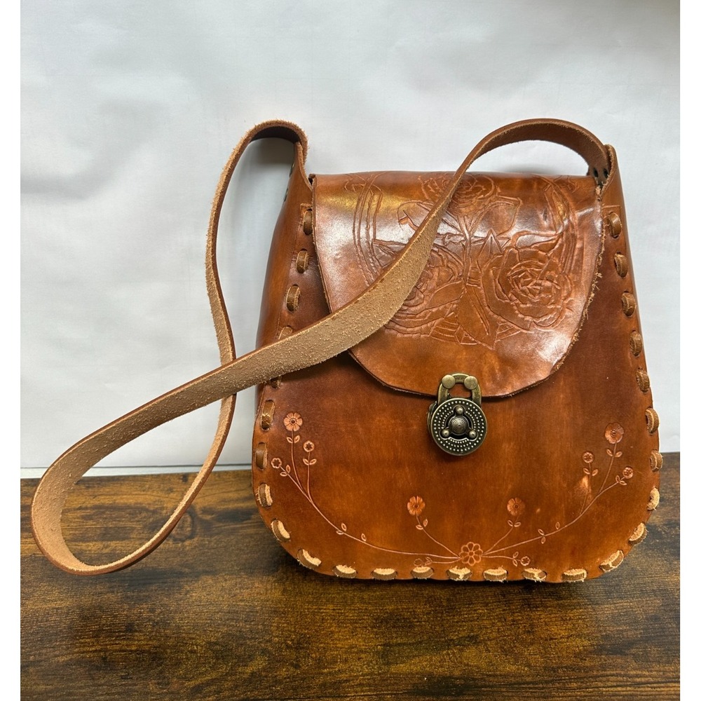 Whipstitch Tooled Leather Shoulder Bag Floral Boho Western Hippie Unbranded